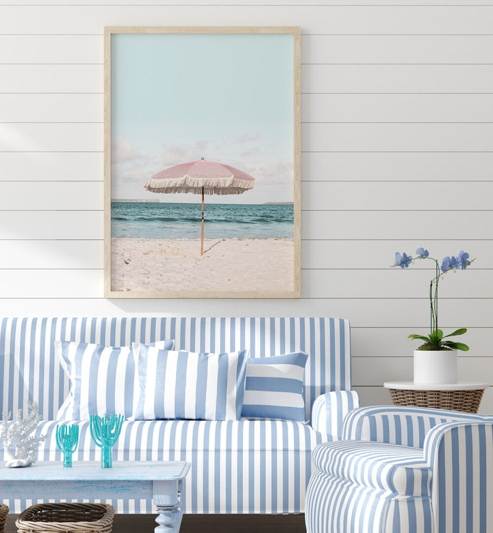 Vibrant PINK UMBRELLA featured in beautiful BEACH PAINTINGS, adding style to your seaside decor. Perfect for any home!