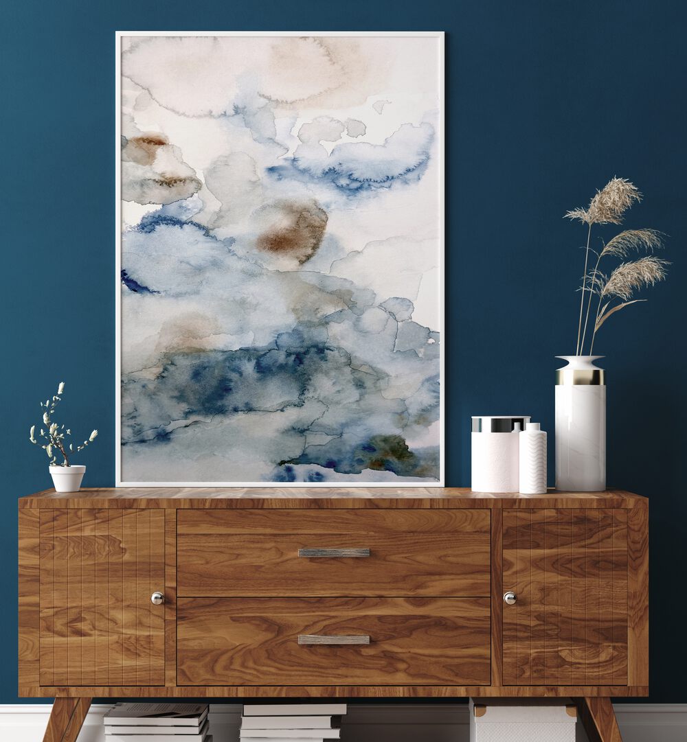 Elegant abstract painting "UP IN THE CLOUDS IV" displayed on a stylish wooden cabinet, perfect for modern decor.