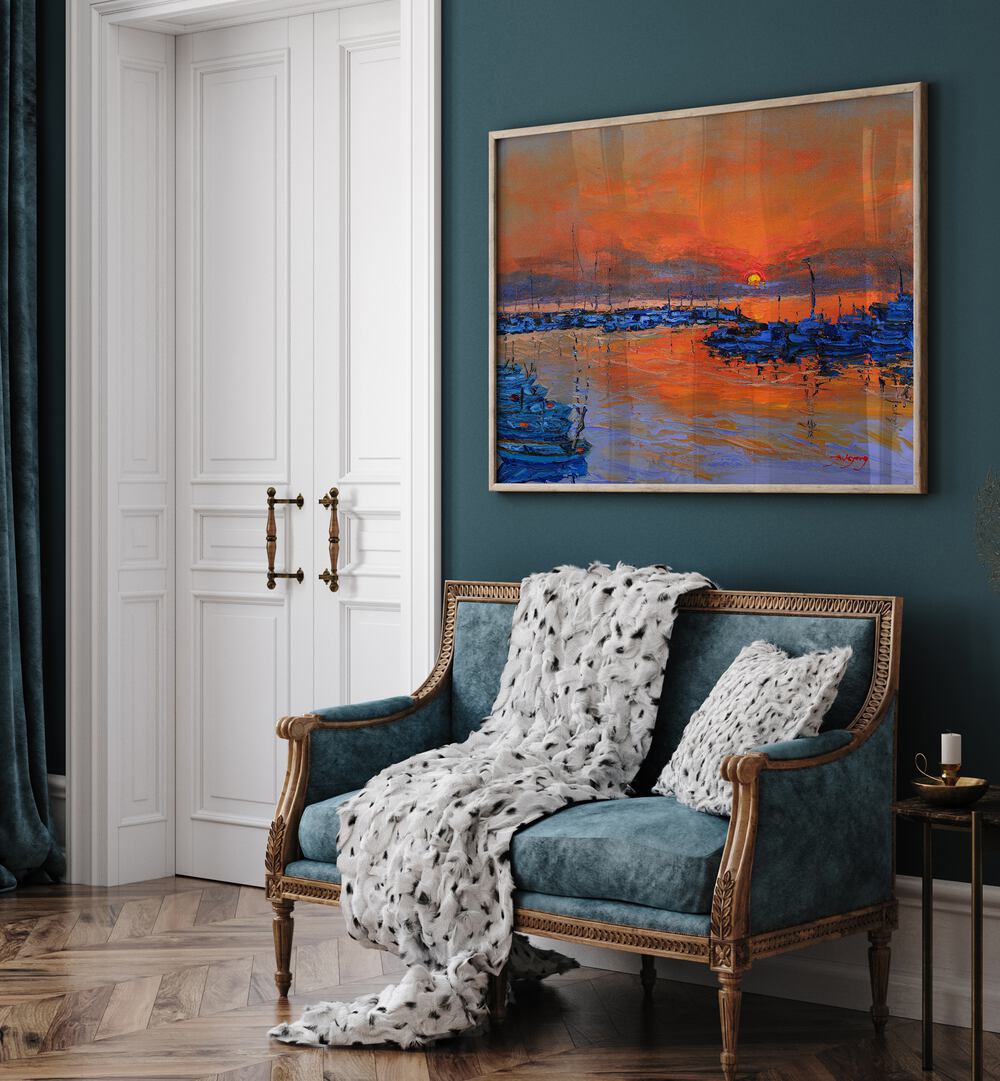 Vibrant SUNRISE, LANDSCAPE PAINTINGS adorn a stylish living room wall, enhancing the serene atmosphere.