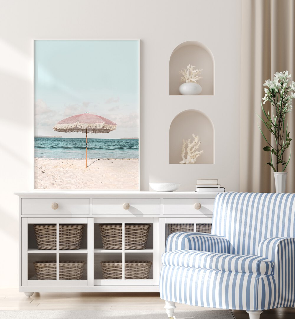 Stylish PINK UMBRELLA beside serene beach, perfect for enhancing your space with BEACH PAINTINGS decor.