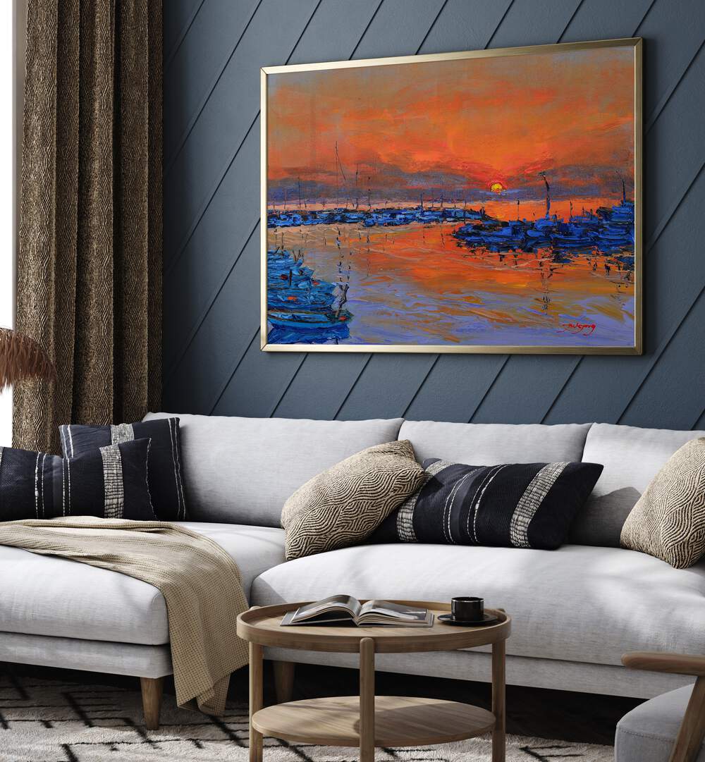 Vibrant SUNRISE, LANDSCAPE PAINTINGS adorn a modern living room, enhancing the cozy atmosphere with warmth.