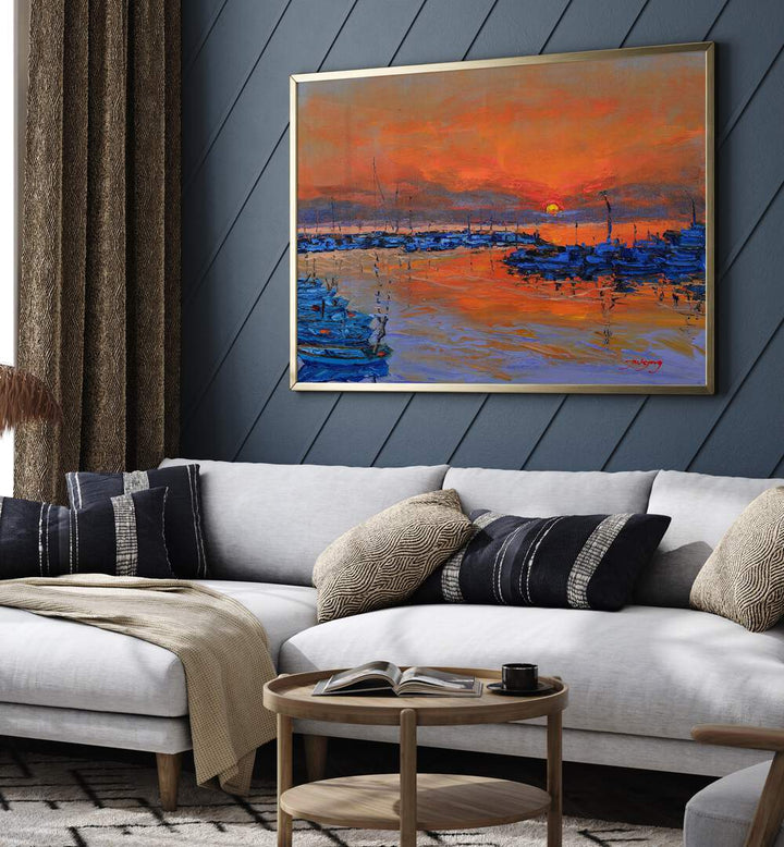 Vibrant SUNRISE, LANDSCAPE PAINTINGS adorn a modern living room, enhancing the cozy atmosphere with warmth.