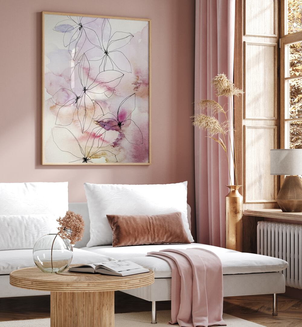 Elegant WHISPER PETALS I, FLORAL FLOWER PAINTINGS adorn a chic living room, enhancing modern decor beautifully.