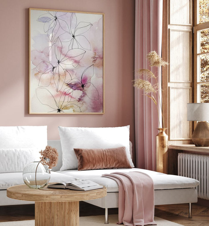 Elegant WHISPER PETALS I, FLORAL FLOWER PAINTINGS adorn a chic living room, enhancing modern decor beautifully.