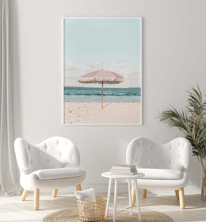 Vibrant PINK UMBRELLA, BEACH PAINTINGS create a stylish focal point in any coastal decor setting.