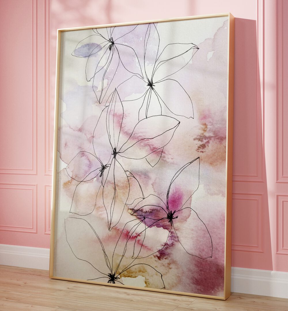 Whisper Petals I, Floral Flower Paintings showcase delicate floral outlines against a soft watercolor background.