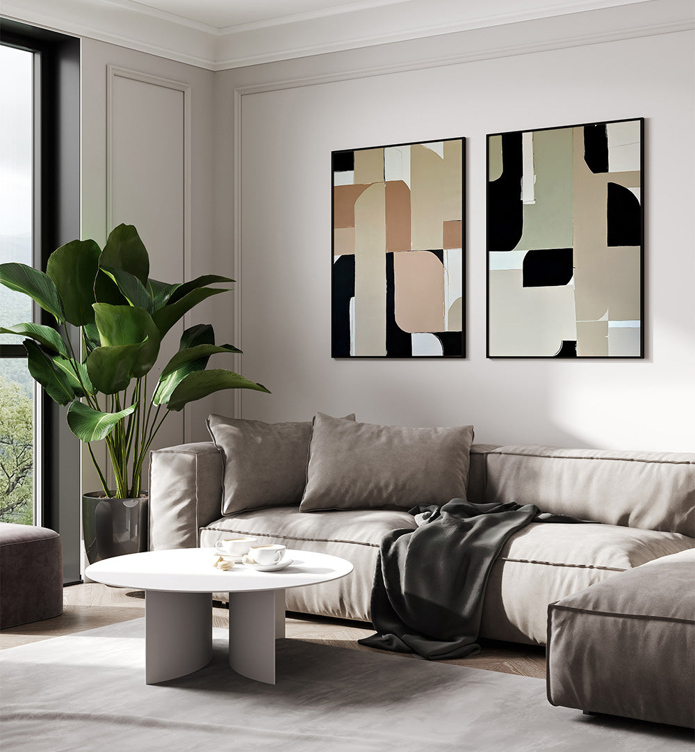 Modern living room with a sectional sofa, abstract art, and a plant.