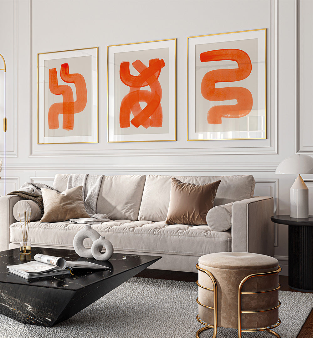 Modern living room with abstract orange art on the wall