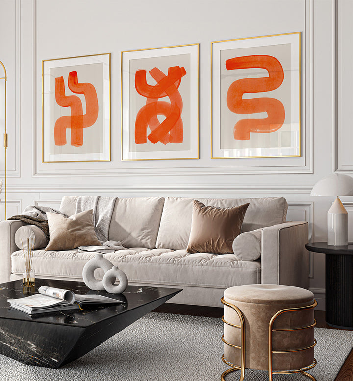 Modern living room with abstract orange art on the wall
