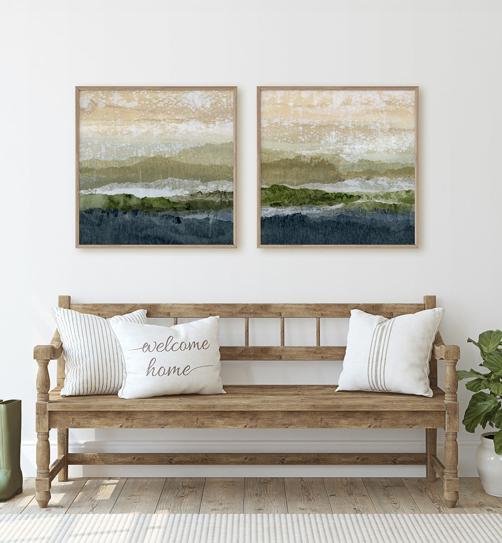Wooden bench with pillows and framed artwork in a room setting