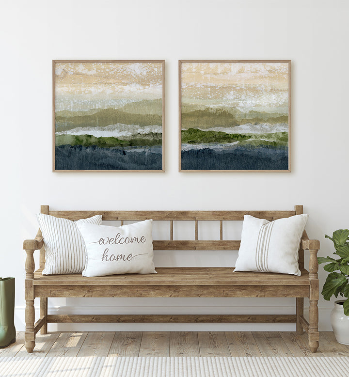 Wooden bench with pillows and framed artwork in a room setting