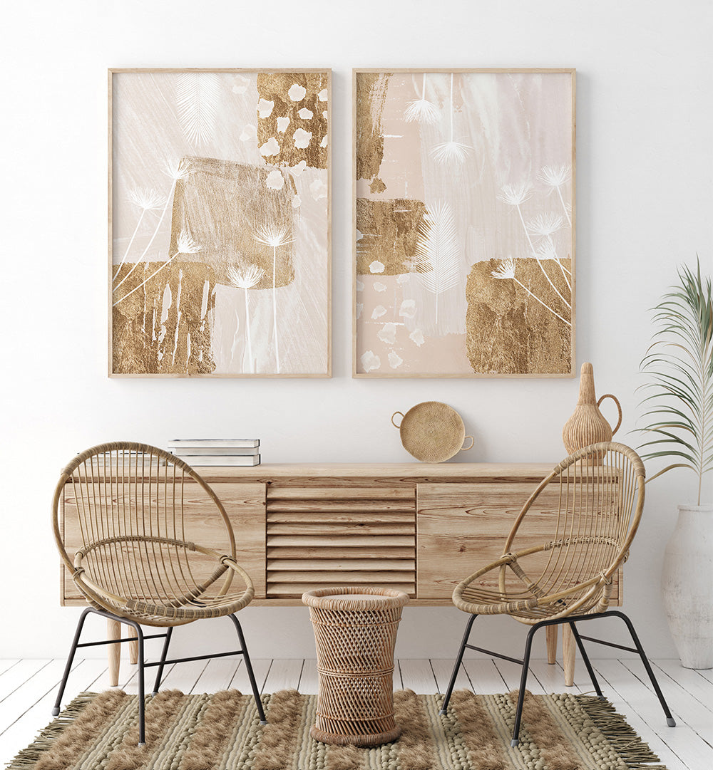 Nautical-themed room with wooden furniture, decorative items, and abstract art on a white wall.