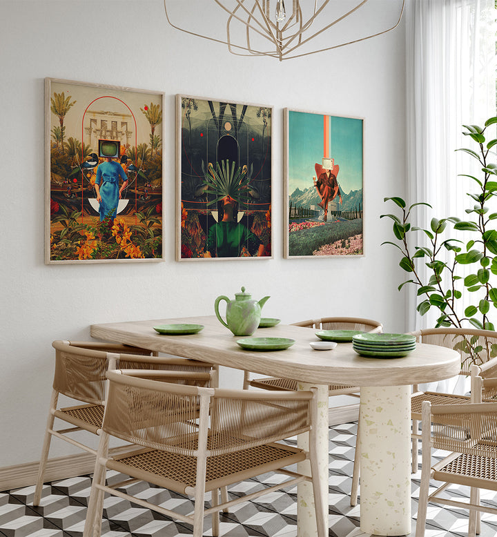 Dining room with a marble table, wicker chairs, and colorful wall art.