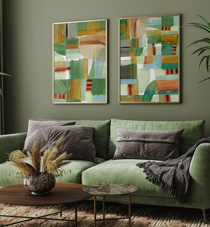 Living room with green sofa, abstract art, and decorative items.