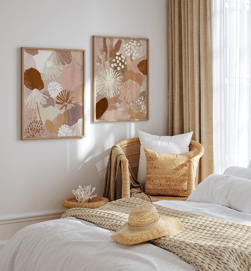 Cozy bedroom with abstract wall art, wicker basket, and straw hat.
