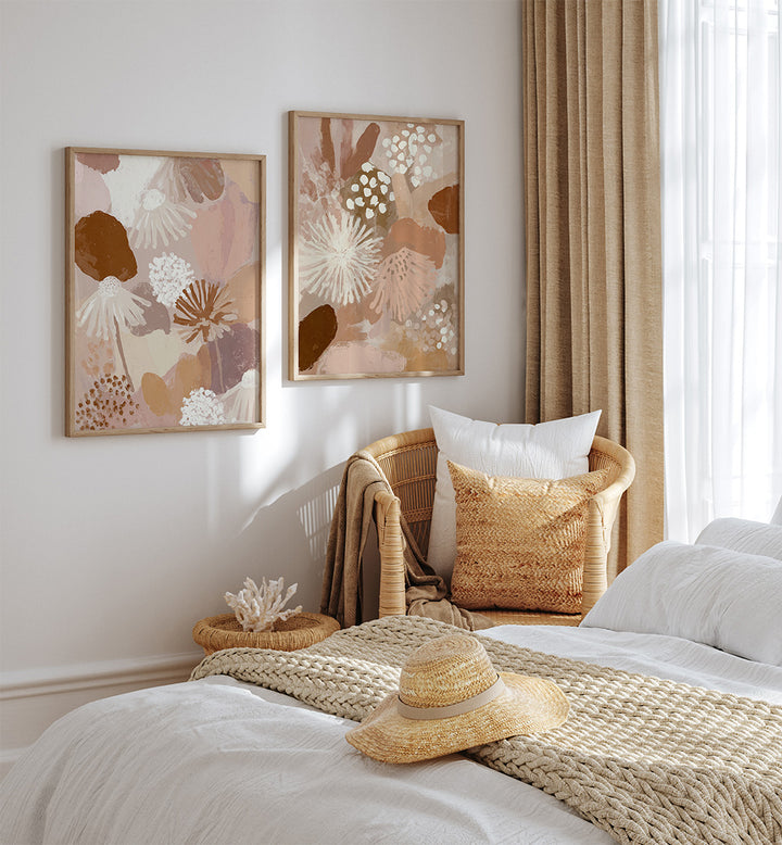 Cozy bedroom with abstract wall art, wicker basket, and straw hat.