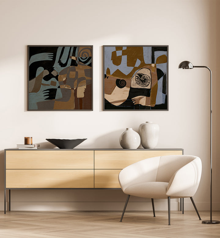 Modern interior with a wooden sideboard, white chair, and abstract wall art.