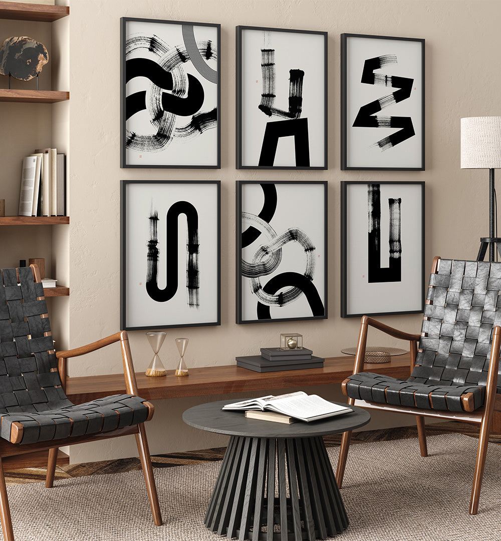 BLACK STROKE SERIES SET , SET OF 6 PAINTINGS