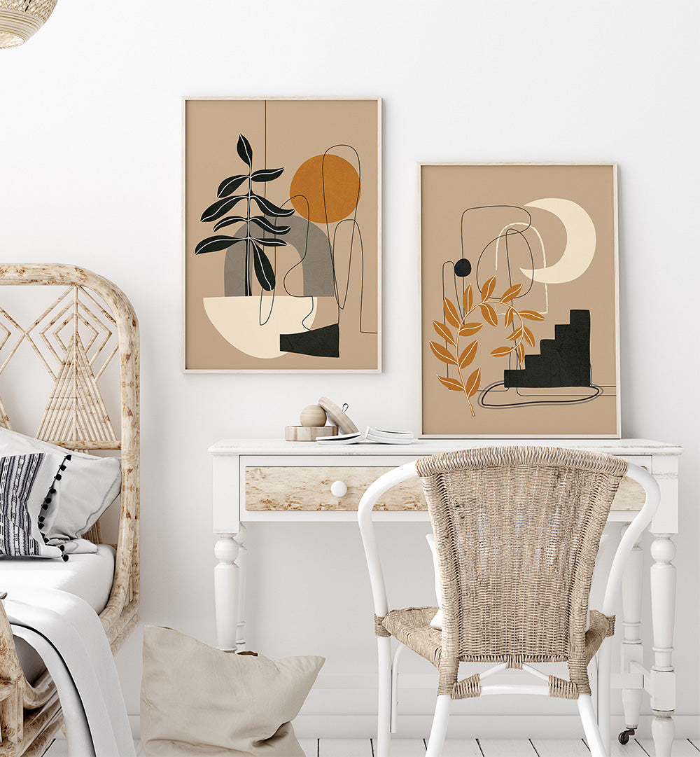 Modern bedroom with abstract wall art, wicker chair, and white desk.