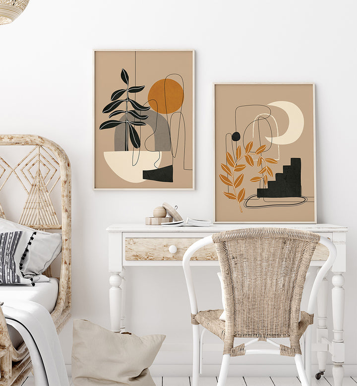 Modern bedroom with abstract wall art, wicker chair, and white desk.