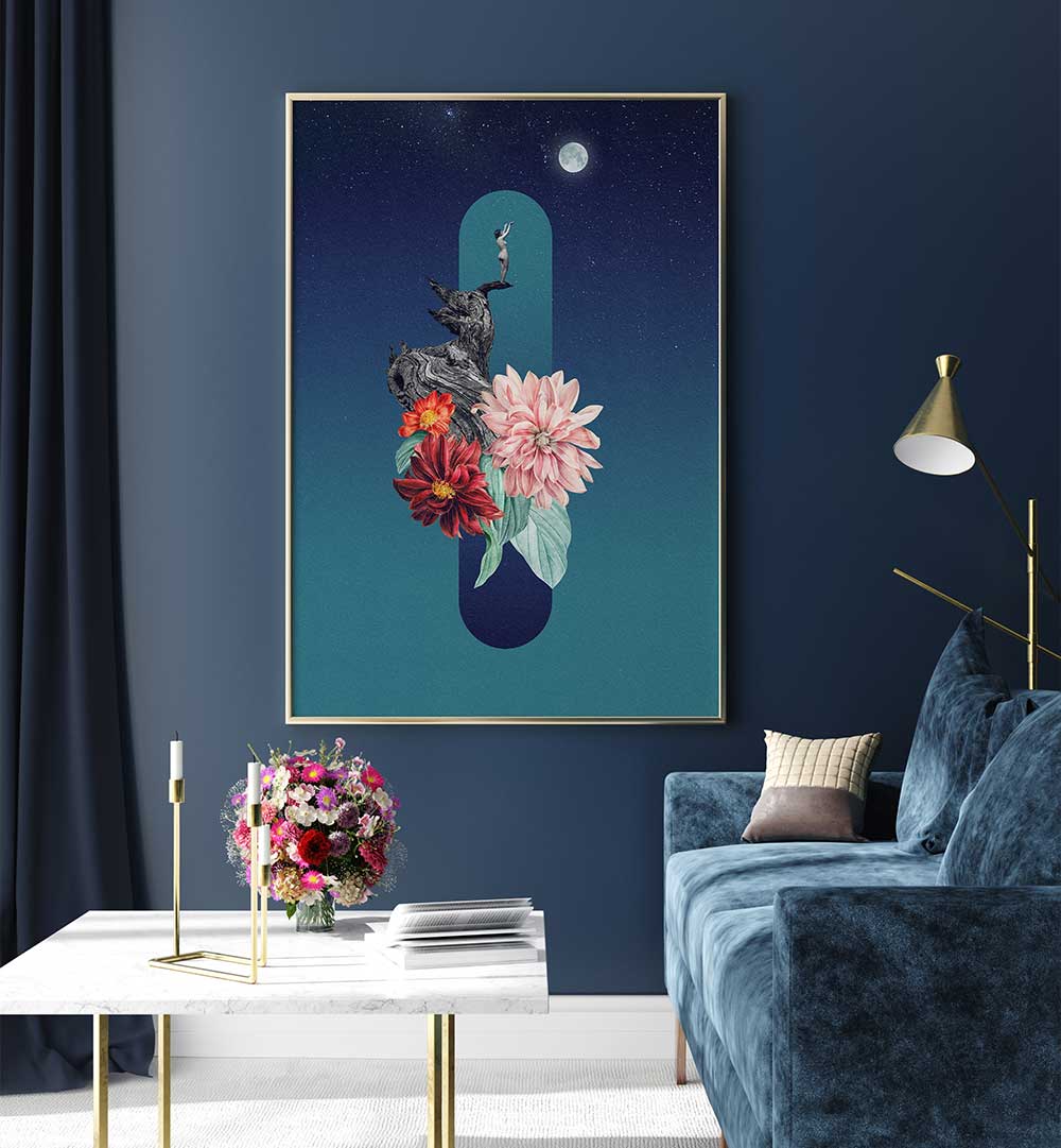FULL MOON, SURREAL ART PRINTS featuring vibrant flowers and a mystical night scene, enhancing your home decor.