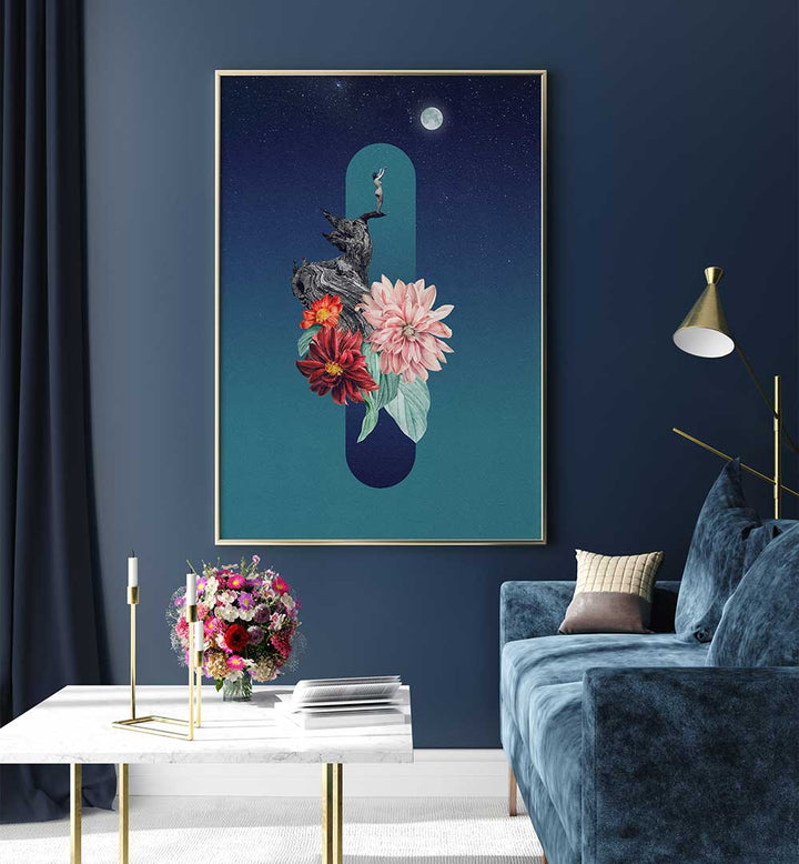 FULL MOON, SURREAL ART PRINTS featuring vibrant flowers and a mystical night scene, enhancing your home decor.