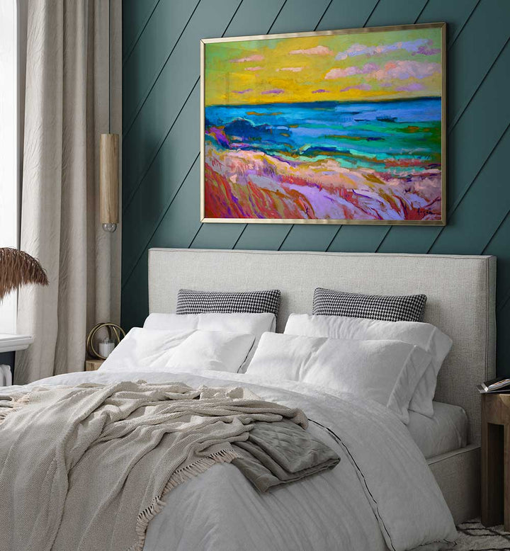 Framed COASTAL  SUNSET , LANDSCAPE PAINTINGS on bedroom wall showing vibrant sea, dunes, and golden twilight