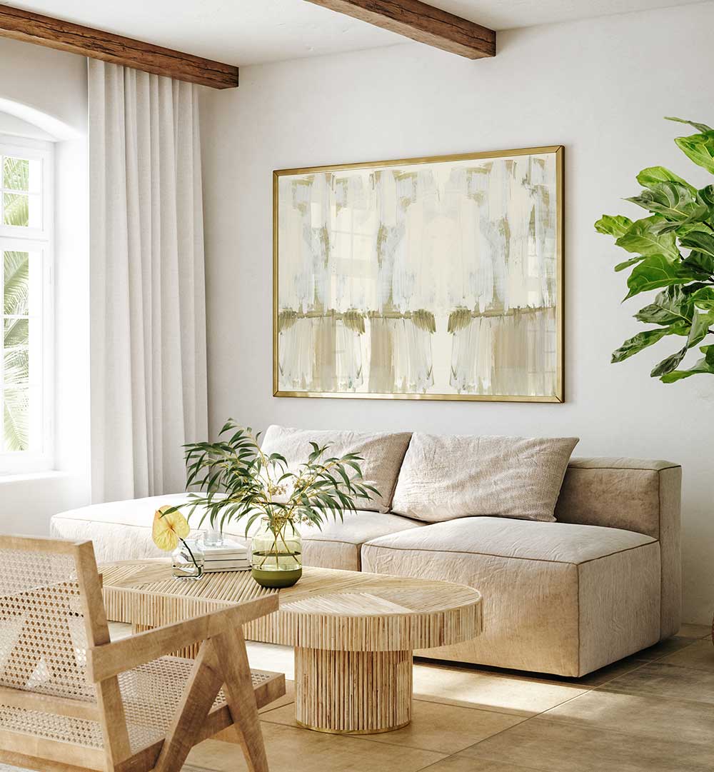 Modern living space featuring BLANCHED ALMONDS I, ABSTRACT PAINTINGS, bringing elegance and vibrant colors to decor.