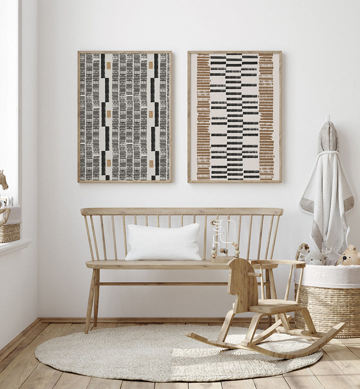 Wooden bench with a white pillow and a rocking chair in a room with abstract wall art.