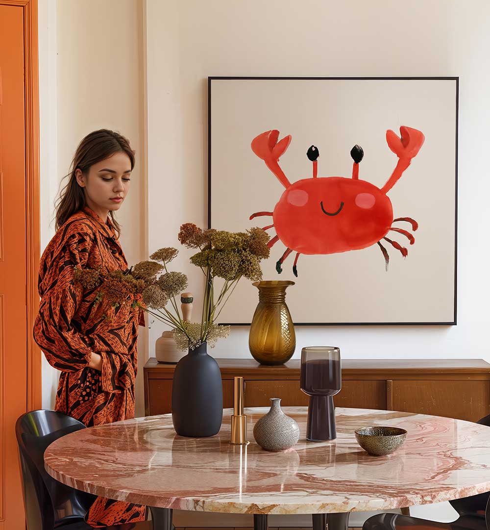 CRABS UP , KIDS ROOM PAINTINGS brighten kids’ spaces with a cheerful red crab artwork in a stylish modern room setting.