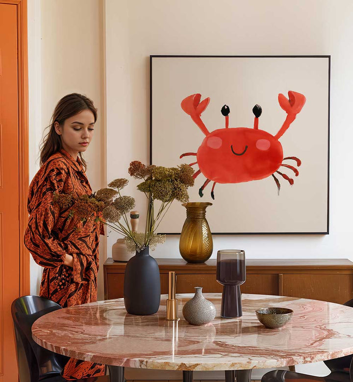 CRABS UP , KIDS ROOM PAINTINGS brighten kids’ spaces with a cheerful red crab artwork in a stylish modern room setting.