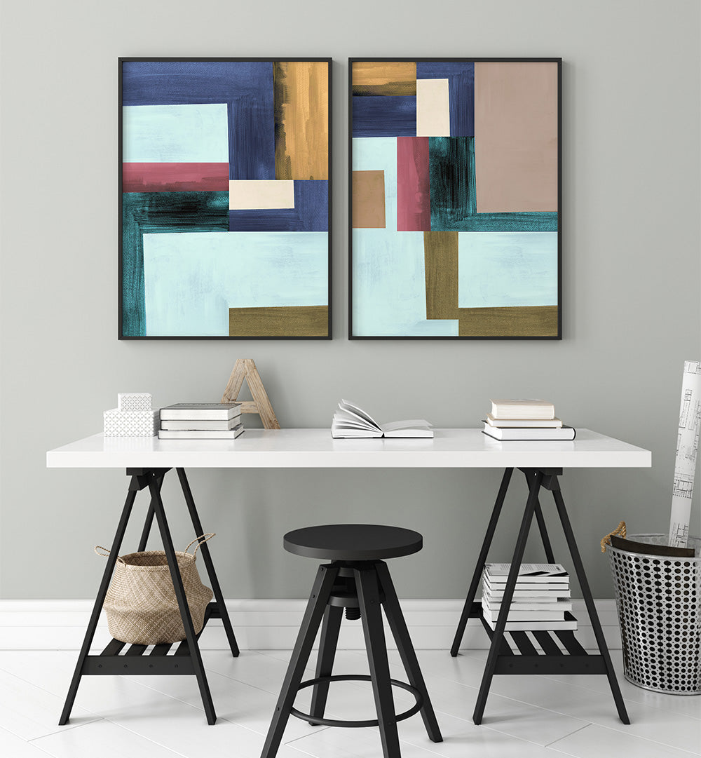 Modern office setup with abstract art on the wall
