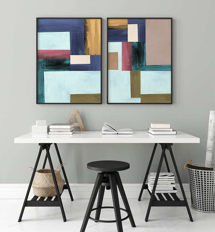 Modern office setup with abstract art on the wall