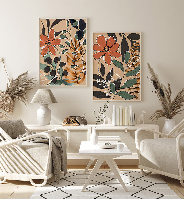 Modern living room with floral wall art, white furniture, and decorative plants.