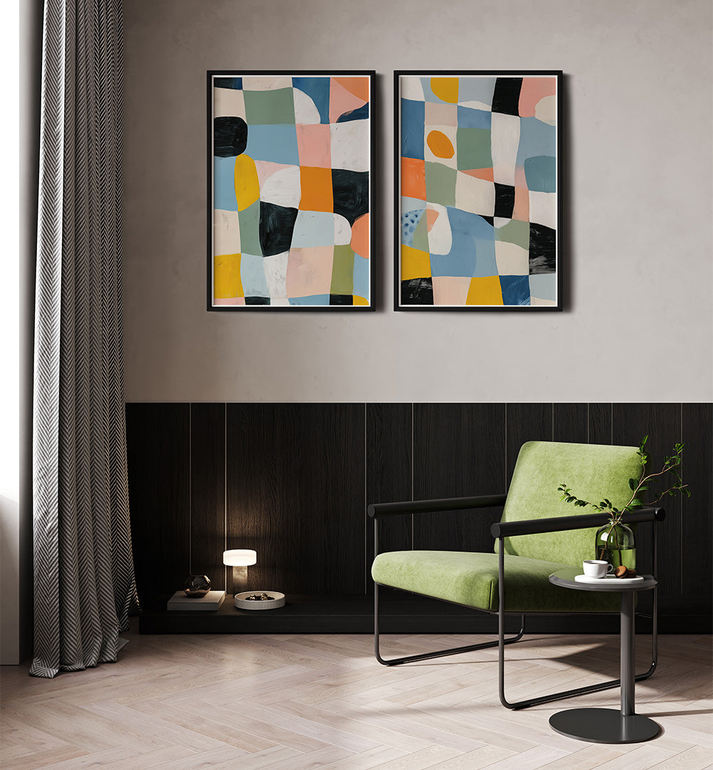 Modern interior with abstract art on the wall, a green chair, and a small table.