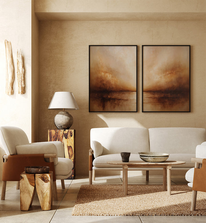 Modern living room with neutral tones, furniture, and wall art.