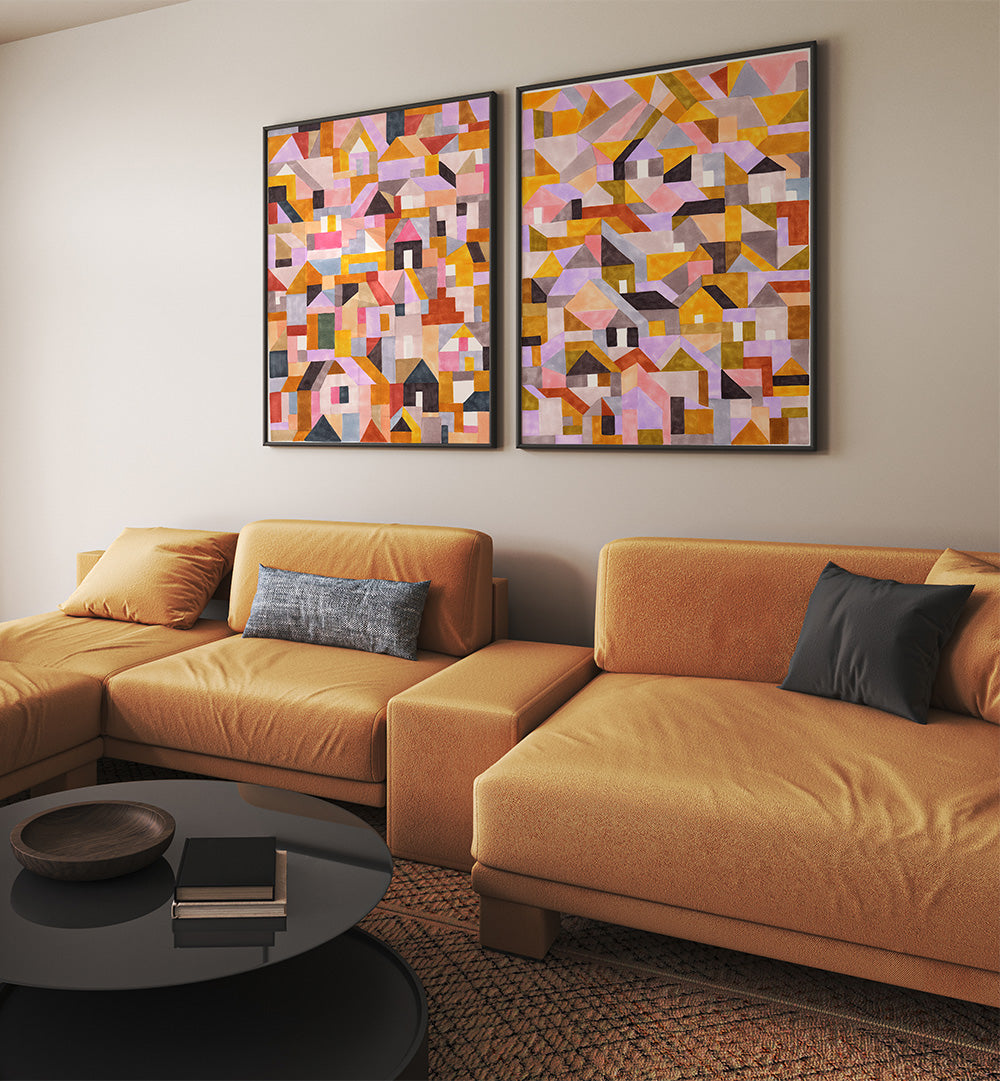 COLOURFUL RETRO GEO ABSTRACT , SET OF 2 PAINTINGS