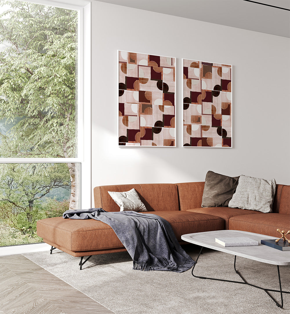Modern living room with a brown sectional sofa, abstract wall art, and a coffee table.