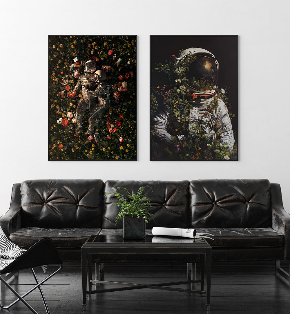 Two framed artworks of an astronaut among flowers on a wall above a black leather sofa.
