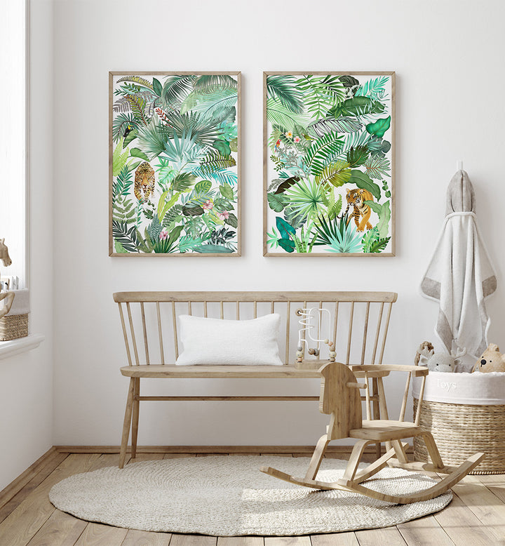 Children's room with wooden bench, rocking chair, and tropical leaf prints on the wall.