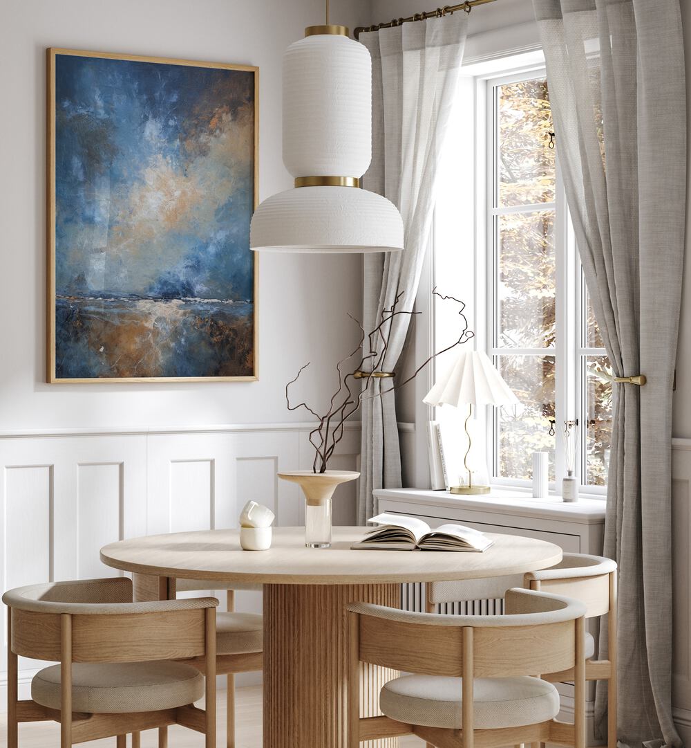Elevate your home with DRAMATIC SKY, ABSTRACT PAINTINGS featuring serene ocean hues and captivating textures.
