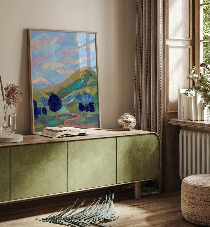 Experience tranquility with BLUE MOUNTAIN, LANDSCAPE PAINTINGS by Eleanor Baker, enhancing any cozy interior space.