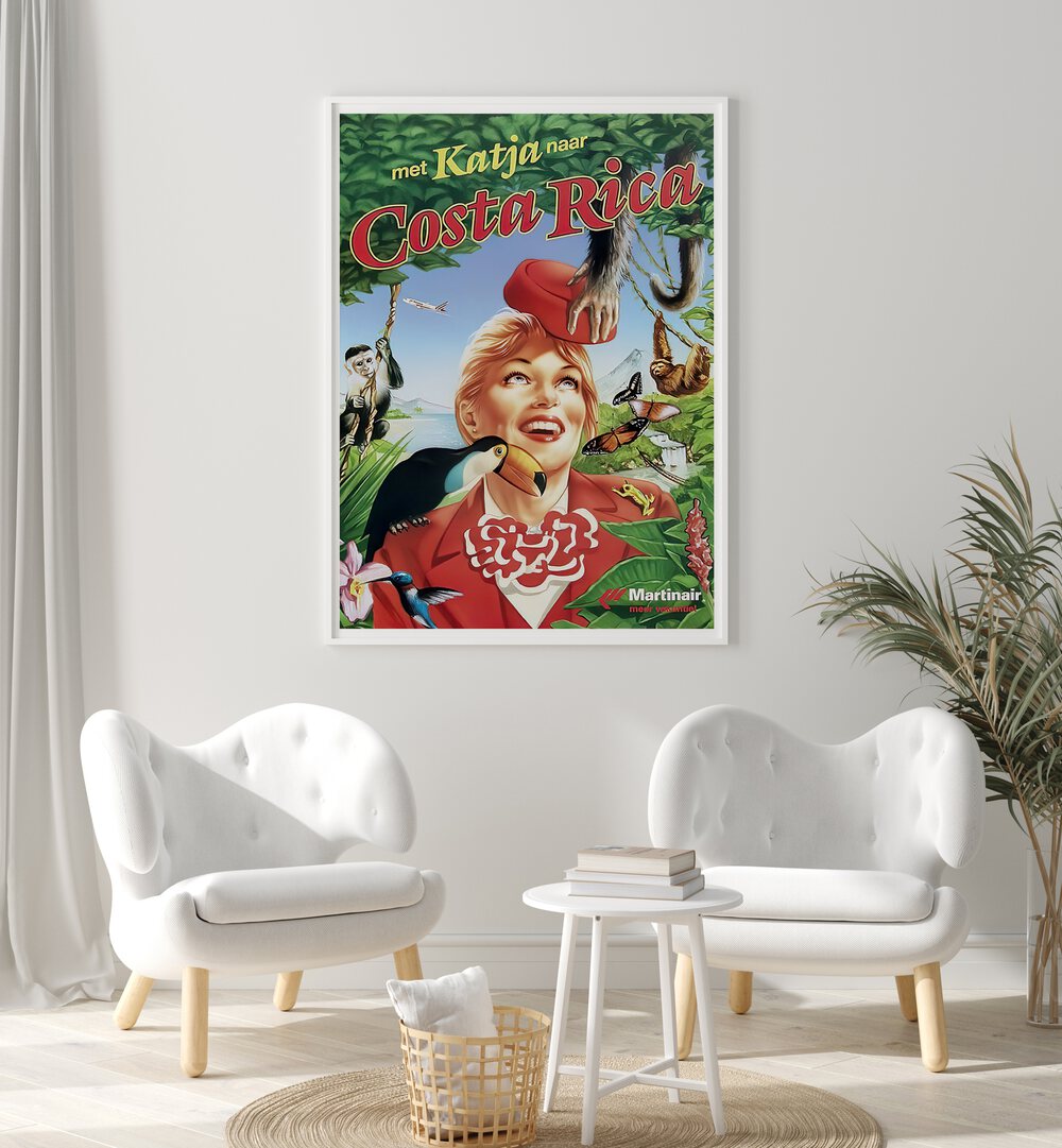Bright and colorful COSTA RICA, VINTAGE TRAVEL POSTERS featuring tropical wildlife and vibrant scenery for home decor.