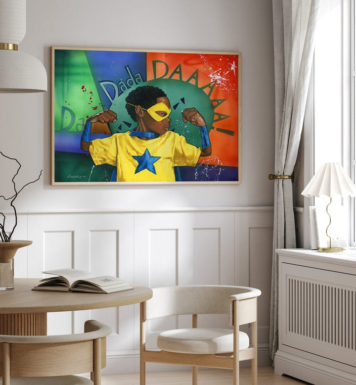 Colorful DADADDAAA, AFRICAN ART PAINTINGS featuring a superhero child in a vibrant setting, perfect for modern decor.