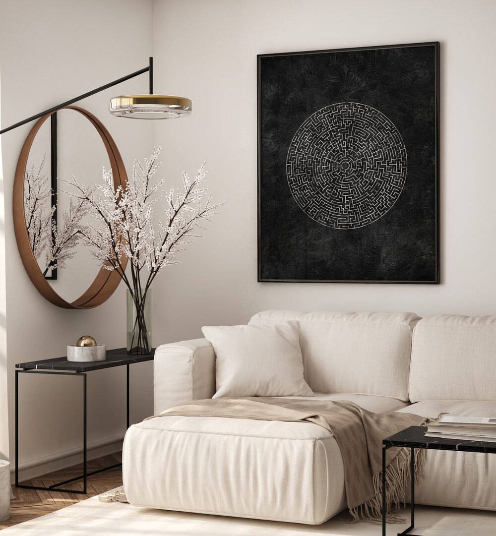 Transform your space with the CIRCULAR JOURNEY MAZE, GEOMETRIC ART PRINTS, showcasing bold shapes and intricate design.