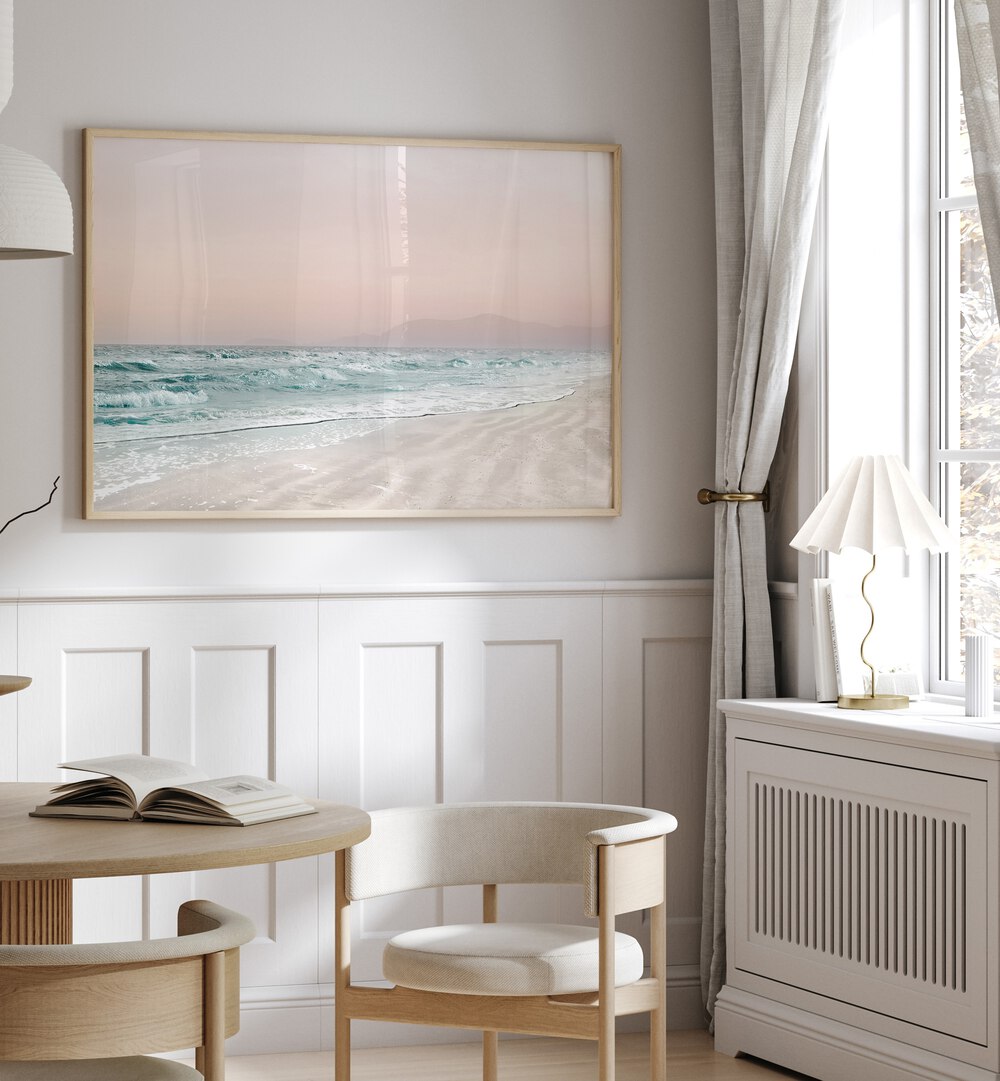Relaxing interior featuring BEACH VIBES VI, BEACH PAINTINGS, showcasing serene beach views in a chic setting.