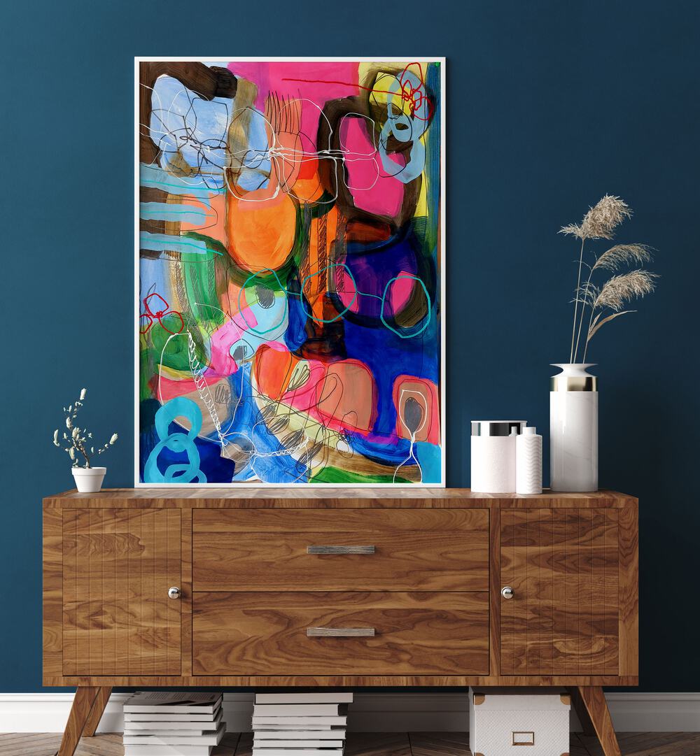 Vibrant COMPOSITION FOR A SUNDAY MORNING II, ABSTRACT PAINTINGS enhances modern decor with bold colors and dynamic forms.