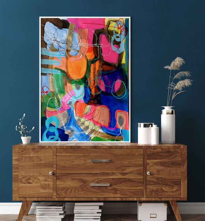 Vibrant COMPOSITION FOR A SUNDAY MORNING II, ABSTRACT PAINTINGS enhances modern decor with bold colors and dynamic forms.