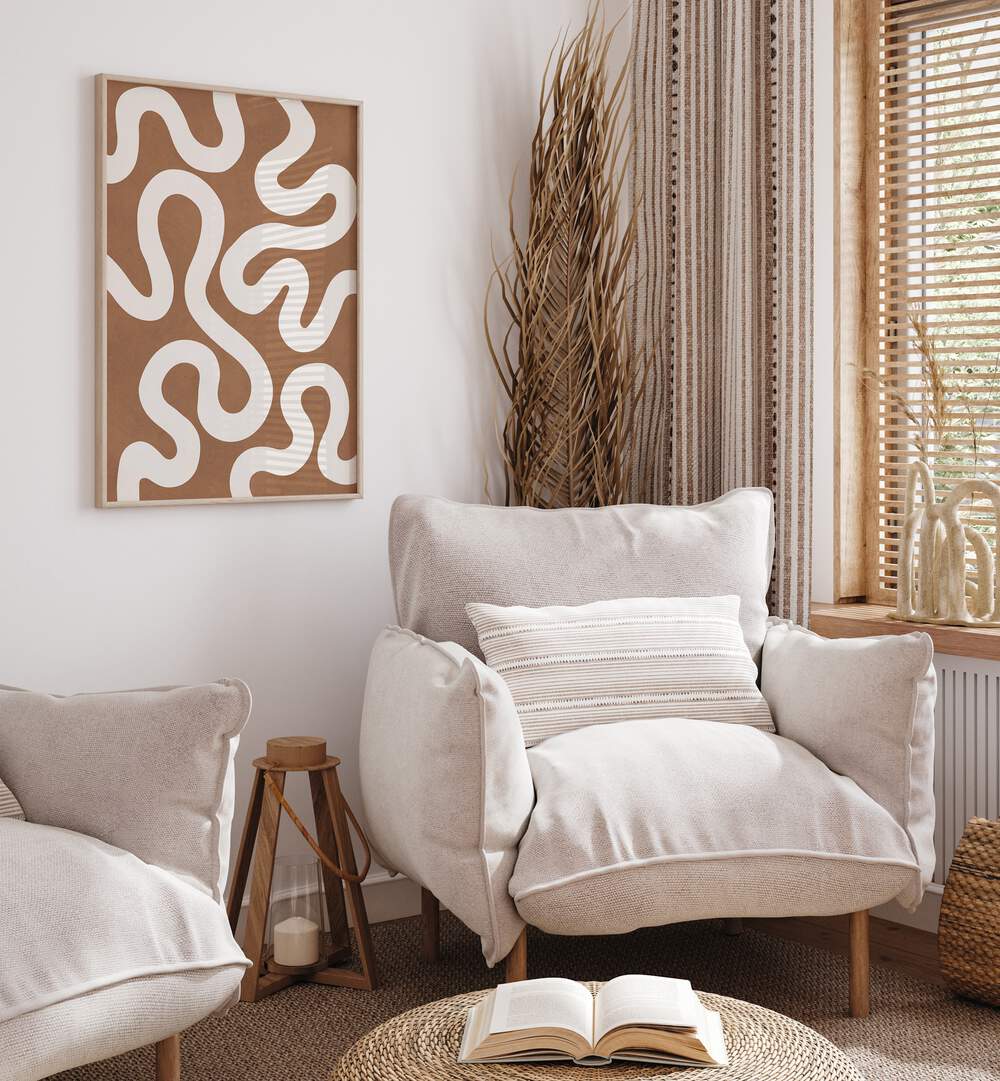Stylish living room featuring UNDULATING, ABSTRACT PAINTINGS that enhance modern decor with elegant curves.