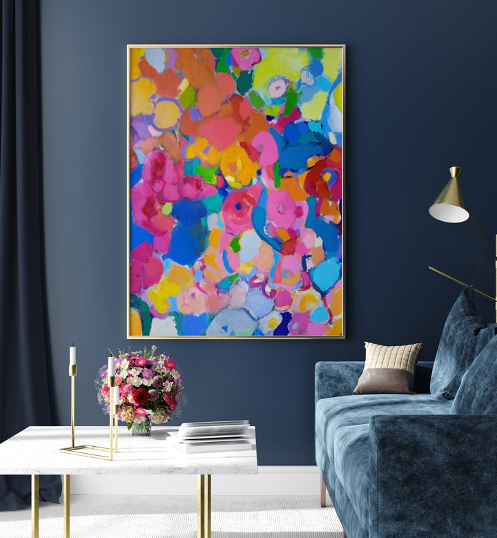 Vibrant FLOWERS FANTASY, ABSTRACT PAINTINGS adorn a stylish living space, perfect for home decor enhancement.